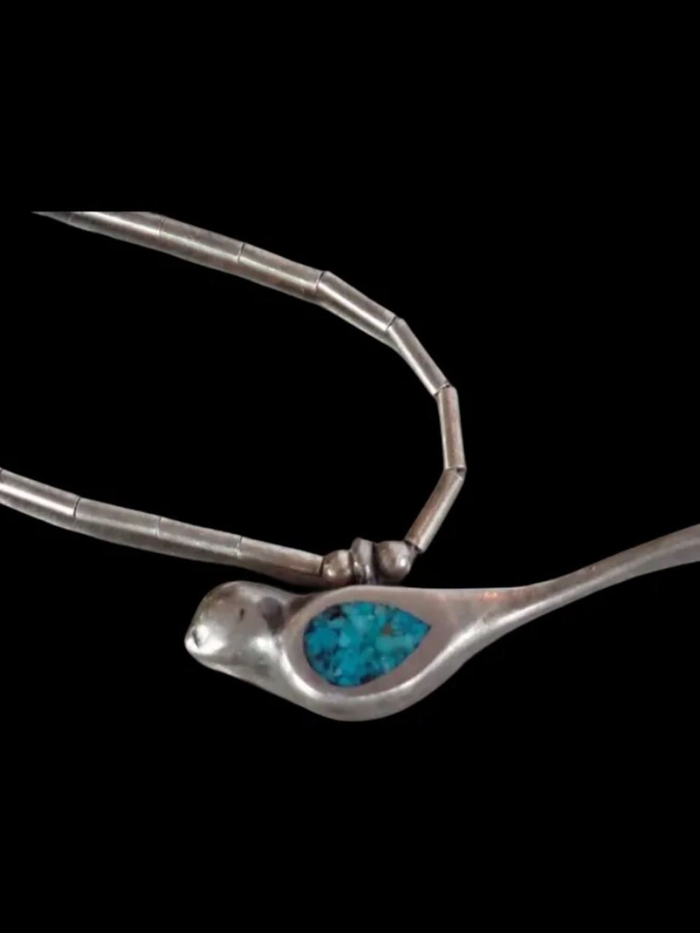 Zuni Native American Sterling Silver Turquoise Chip Bird Pendant Necklace 15" - Picture 2 of 16